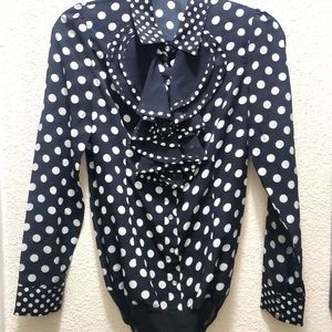 Polka Dot Button Up Body Suit w/ Ruffled Neck and Snap Closure